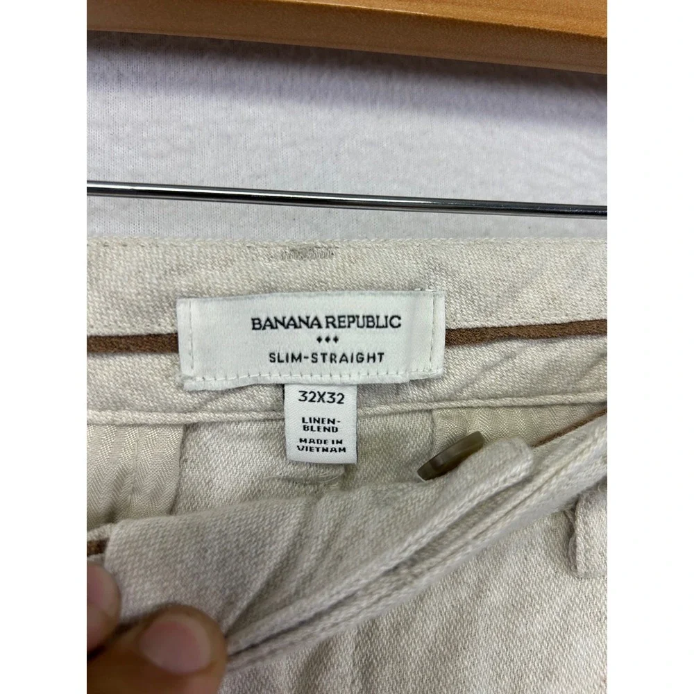 Coastal Old Money Banana Republic Men 32x32 Beige Linen Blend Slim Straight Pant